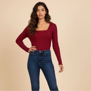 Elegant Ribbed Long Sleeve Top - Burgundy